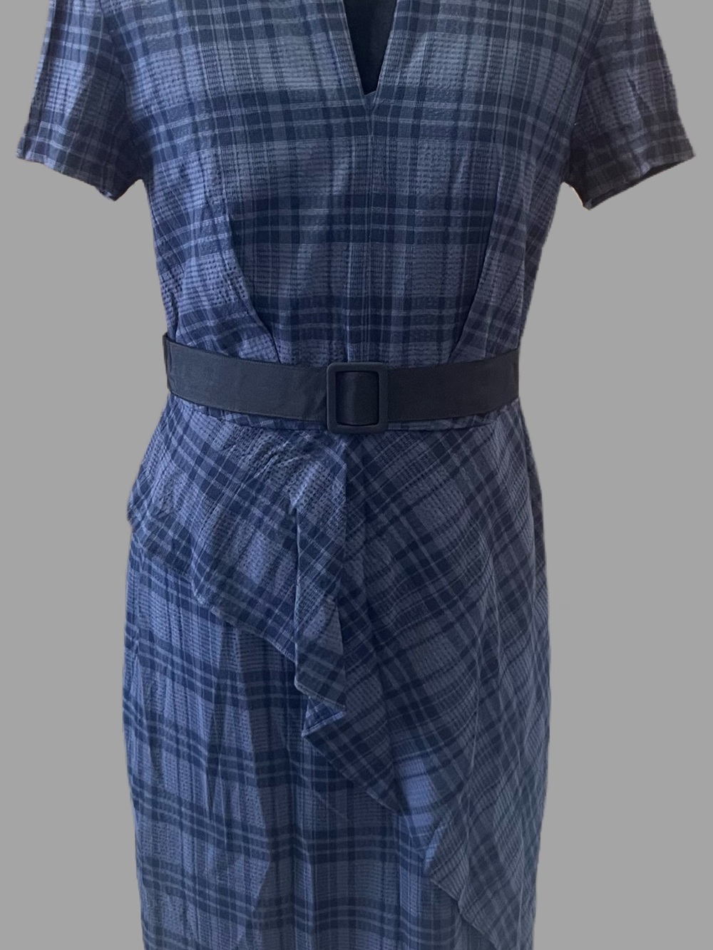 New$138 Banana Republic Blue Plaid Seersucker Asymmetrical Peplum Dress Size 12